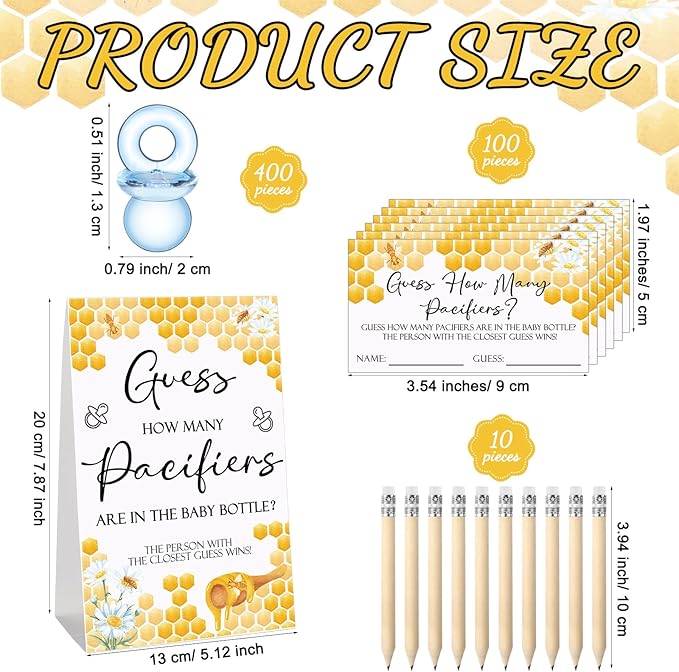 Roowest 512 Pcs Baby Shower Games Guess How Many Pacifiers Sign 100 Small Guessing Games 10 HB Pencils 750ml Milk Bottle 400 Acrylic Pacifiers Decoration for Guest Gender Reveal(Blue,Bee)