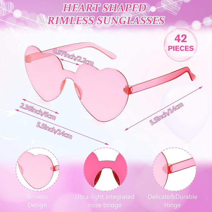 Flutesan 42 Pairs Heart Shaped Sunglasses Bulk for Women Cute Y2k Trendy Rimless Transparent Heart Glasses for Party Favor