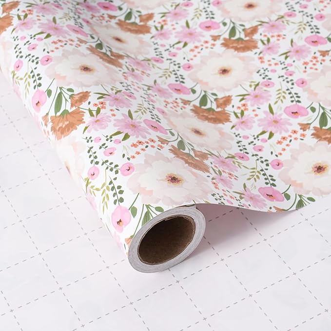 ZINTBIAL White and Pink Floral Wrapping Paper Roll for Wedding, Bridal Shower, Birthday - Peonies and Daisies Design, 17x16.5 Feet with Cut Lines, Gift Wrap for Mother's Day