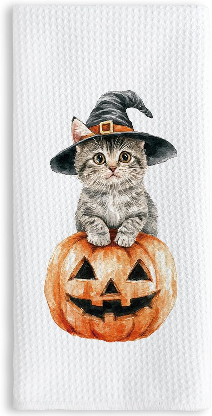 TNUW Halloween Witchy Cat Pumpkin Kitchen Towels 16x24 Inch, Cat Mom Lovers Gifts Dish Tea Towels for Kitchen, Halloween Witch Kitten Spooky Pumpkin Decorative Hand Towel for Bathroom Decor Catpumpkin