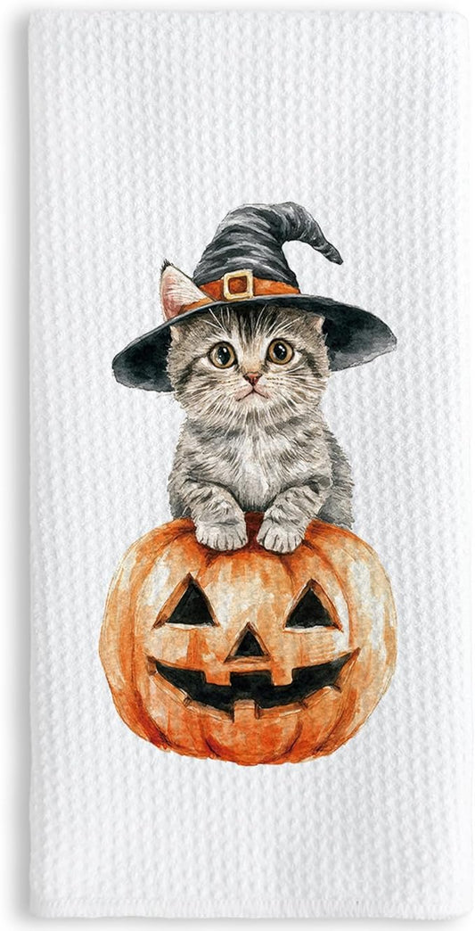 TNUW Halloween Witchy Cat Pumpkin Kitchen Towels 16x24 Inch, Cat Mom Lovers Gifts Dish Tea Towels for Kitchen, Halloween Witch Kitten Spooky Pumpkin Decorative Hand Towel for Bathroom Decor Catpumpkin