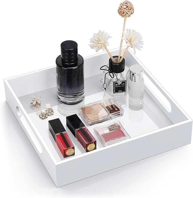 Home Decorative Coffee Table Tray, 10"x10" Elegant Acrylic Serving Trays with Handles Works for Eating, Breakfast, Makeup Drawer Organizer,Bathroom Vanity Table,Ottoman Tray, White
