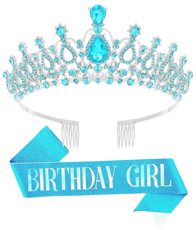 Birthday Tiara and Crown with Sash for Women, Hair Accessories for Wedding Party Costume (B - Blue)