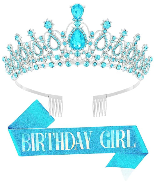 Birthday Tiara and Crown with Sash for Women, Hair Accessories for Wedding Party Costume (B - Blue)