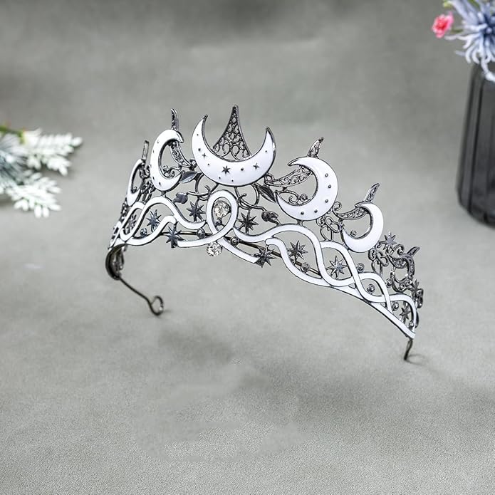 Gothic Black Moon Star Tiara Crown for Women Girls, Retro Celestial Witch Headpiece with Crescent Moon and Stars, Costume Cosplay Halloween Party Prom Wedding Birthday Accessories
