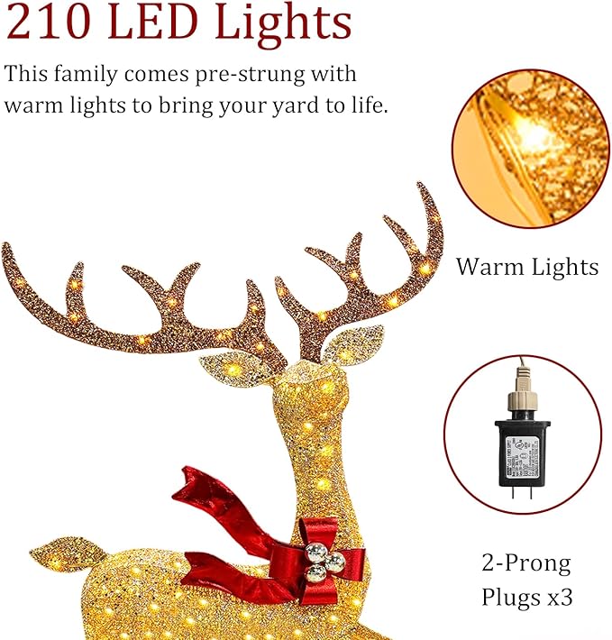 2025 New 3D 58 Inch Large Christmas Deer Family Set, 3-Piece Lighted Reindeer Decoration for Indoor Outdoor Front Yard Porch with 210 LED Jump Lights, Plug - Gold