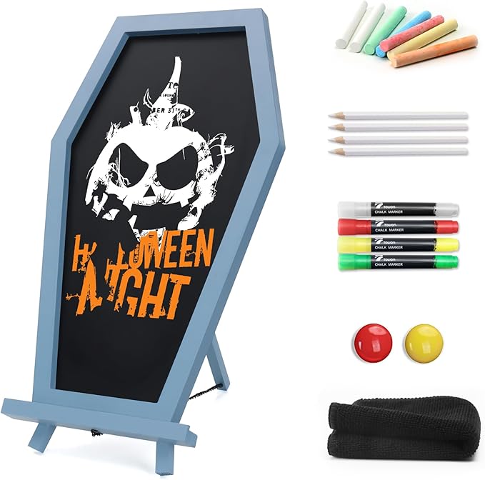 Coffin Chalkboard, Three Legged Stand-up Chalk Board for Desk, Magnetic Chalkboard Easel Sign Tabletop for Home, Office and School - Halloween Decorations Gothic Decor Spooky Gifts, 17''x10.5'', Blue