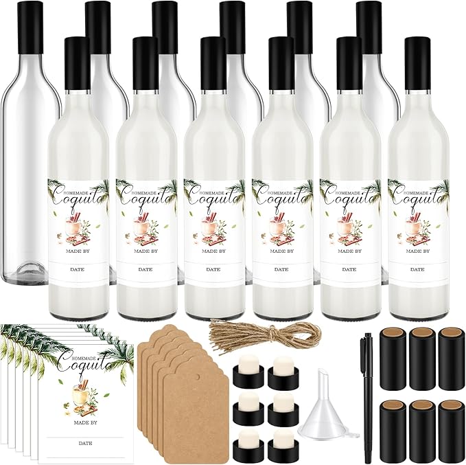 6 Set Christmas Glass Coquito Bottles 25 oz Wine Brewing Bottles for Homemade Coquito with Christmas Stickers Airtight Caps for Home Milk Eggnog