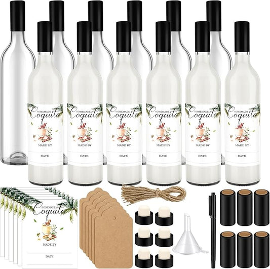 6 Set Christmas Glass Coquito Bottles 25 oz Wine Brewing Bottles for Homemade Coquito with Christmas Stickers Airtight Caps for Home Milk Eggnog