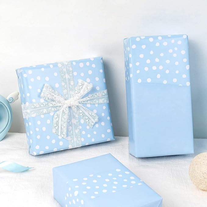 WRAPAHOLIC Reversible Wrapping Paper - Mini Roll - 17 Inch X 33 Feet - Light Blue and Delicate Polka Dots Design for Birthday, Holiday, Wedding, Baby Shower