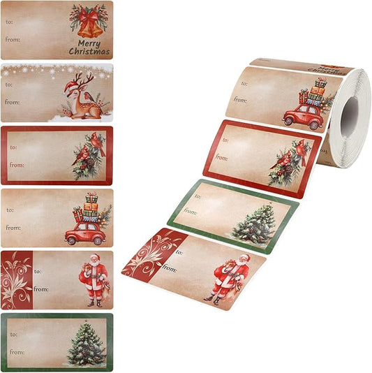 500 PCS Christmas Gift Tags Stickers, Gift Tags for Christmas Presents Name Tag Stickers, Wrapping Paper for Gifts Vintage Sticker Self-Adhesive Name Tag Xmas Decorations