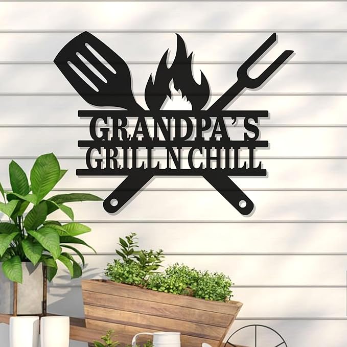 Custom BBQ Grill Name Sign – Personalized Outdoor Kitchen Metal Decor, Backyard Barbecue Wall Art, Vintage Patio Decoration, Housewarming Gift for Dad, Grandpa, Papa, Husband, Father's Day