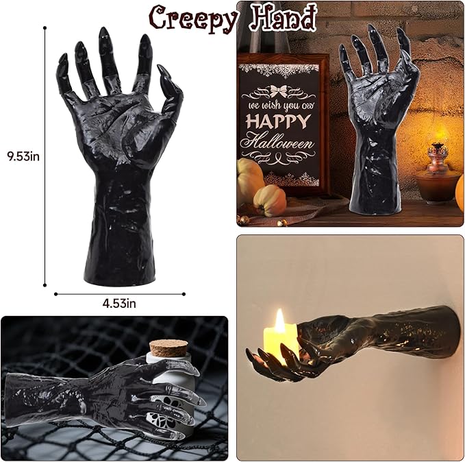 Halloween Decorations Indoor Gothic Decor: Pack of 3 Wall Mounted Creepy Reaching Hands with Lighted Candles for Gothic Wall Decorations