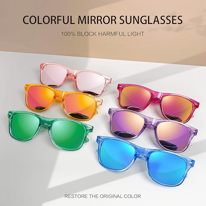 Pibupibu 10/20 Pack Neon Party Sunglasses Bulk,Wholesale Retro 80s Colorful Mirrrored Lens Sunglasses Party Favors