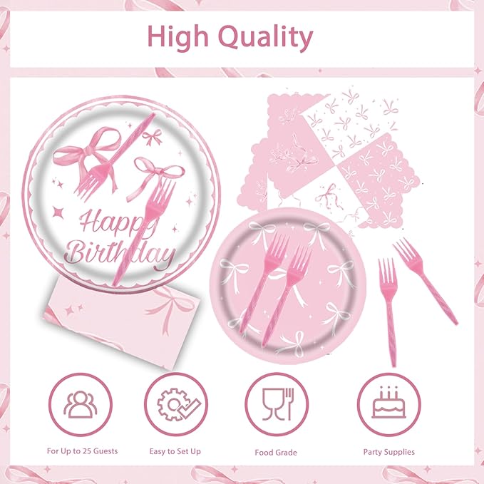101Pcs Bow Birthday Decorations Pink Bow Themed Party Tableware Set-Paper Plates and Napkins,Forks,Pink Bow Tablecloths for Baby Shower Party,Girls Birthday Party,Serves 25 Guests