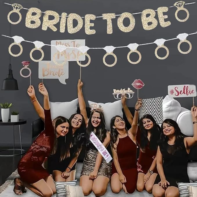 Bride to Be and Diamond Ring Banner Glitter for Bridal Shower Decorations Bachelorette Party Banner for Engagement Wedding Party Decorations(Champagne Gold)
