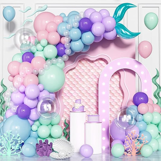 Mermaid Balloon Arch kit, 139 Pcs Pink Light Blue Purple Transparent balloon Little Mermaid Balloon Arch for Girl Kids Baby Shower Ocean Themed Party Decorations