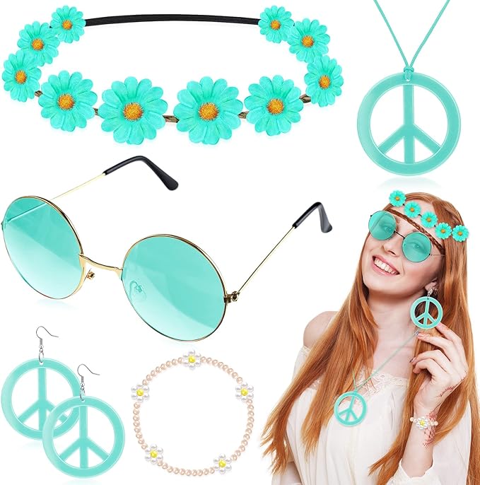 Batiyeer 6 Pcs Hippie Costume Accessories Set, Boho Peace Sign Daisy Flower 60s 70s Party Favors Decor for Groovy Party Women(Lake Blue)