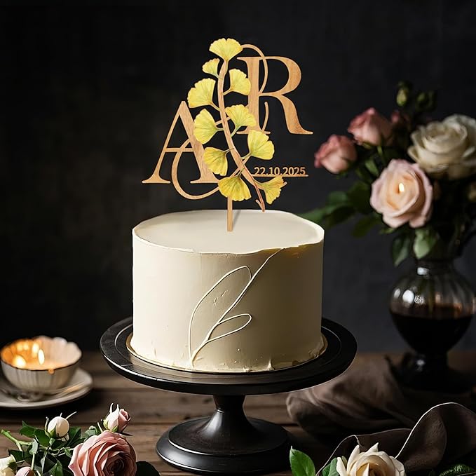 Personalized Fall Wedding Cake Topper in Wood Custom Bride and Groom Initial Cake Topper Wedding Date Cake Decoration (Gingko leaves)