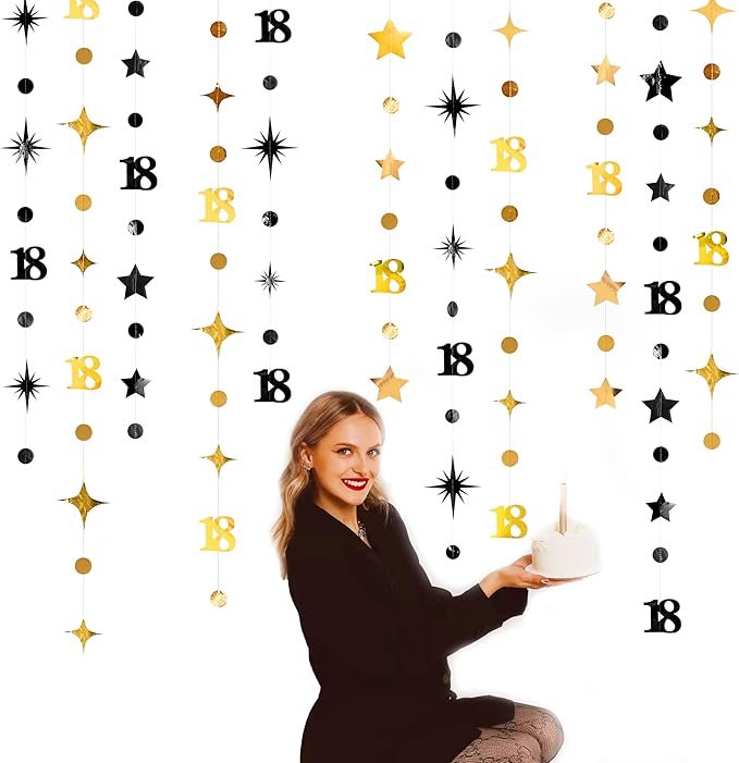 Black Gold 18th Birthday Decorations Number 18 Circle Dot Twinkle Star Garland Streamer Banner Backdrop for Girls Boys Happy 18th Birthday Time to Adult Cheers to 18 Years Old Anniversary Party Deocr