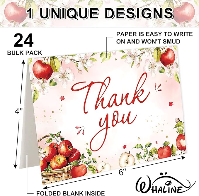 Whaline 24 Pack Apples Floral Thank You Card Greeting Cards with Envelopes Stickers Apples Flower Blank Note Cards for Birthday Baby Shower Party Supplies