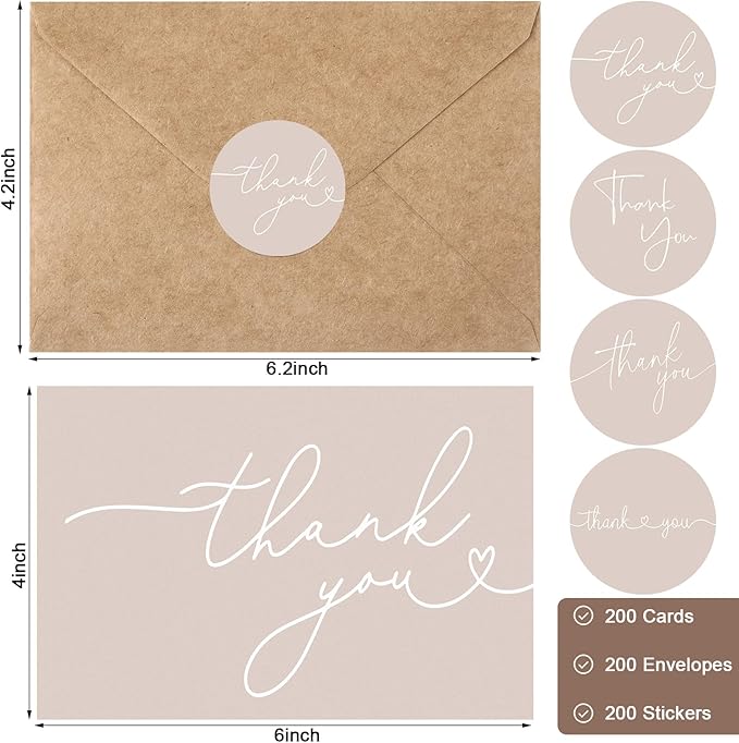 Teling 200 Set Thank You Cards with Envelopes Bulk, 6 x 4 Inch Blank Thank U Greeting Notes with Brown Kraft Envelopes Stickers Thankyou Card Set for Graduation Wedding Birthday Baby Shower (Khaki)