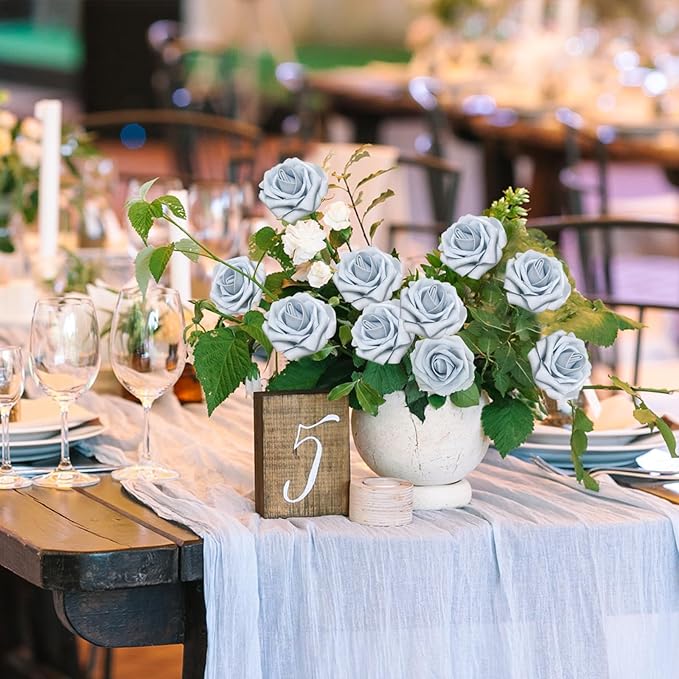 100Pcs Powder Blue Artificial Flowers Realistic Roses, Real Looking Fake Roses with Stem for DIY Wedding Bouquets Centerpieces Bridal Shower Party Home Romantic Decorations (Powder Blue, 100pcs)