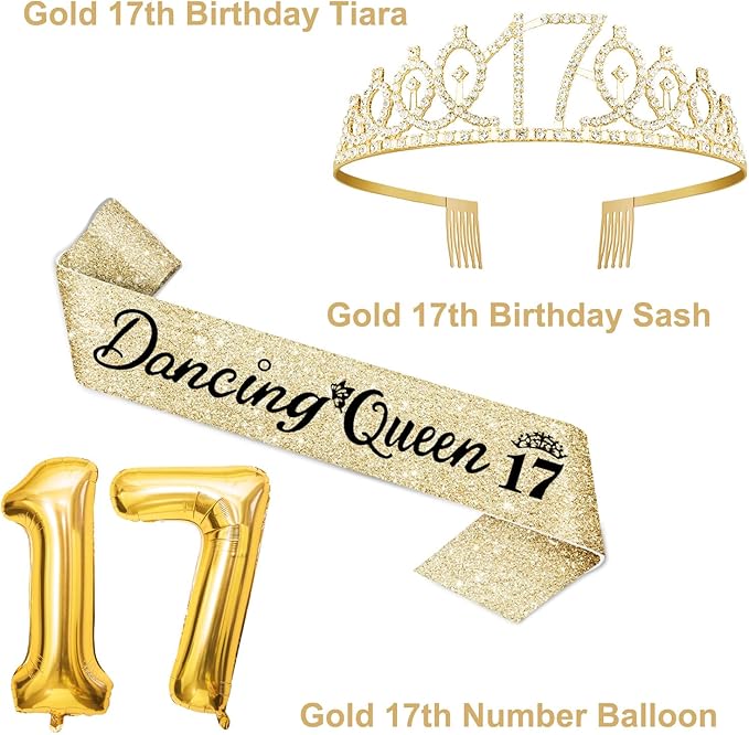 Dancing Queen Party Decorations 17 with Gold Dancing Queen Sash and Tiara, Cake Topper and Candles, Number Balloons Gold for 17th Birthday Decorations for Girls