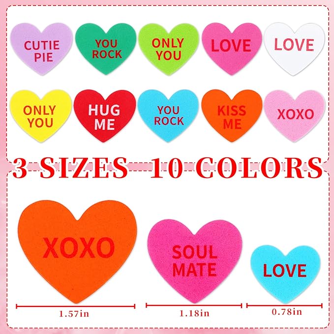 JULBEAR 300 Pcs Valentine's Day Conversation Heart Foam Stickers Self-Adhesive Colorful Mixed Foam Stickers for Kids Party Valentine's Day Wedding DIY Crafts Favor Supplies Home Decorations