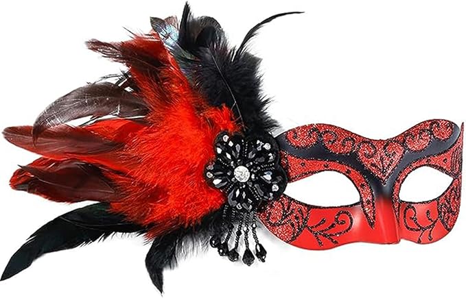 Masquerade Mask for Women Shiny Venetian Mask for Halloween Mardi Gras Costume Party Ball with Feather flower dec.