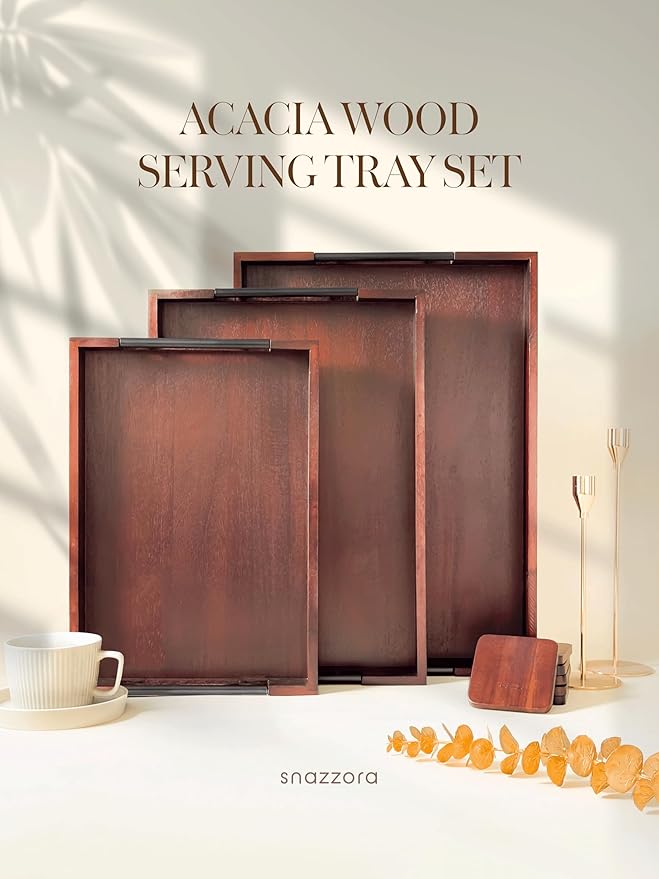 Acacia Wood Serving Tray - Set of 3 with Black Steel Handles 18", 16" & 14" with 6 Coasters - for Coffee Table, Ottoman in Living Room, Breakfast in Bed, Jewelry, Decorative (Vintage Finish)