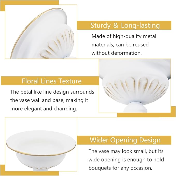 White Wedding Vases for Centerpieces: Small Flower Vase for Tables - 5 Inch Metal Compote Bowl Urn Pedestal for Party Anniversary Event Home Decor Set of 2