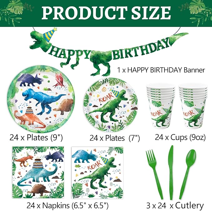 169 Pcs Watercolor Dinosaur Party Supplies Dinosaur Theme Birthday Party Decoration Includes Banner Plates Cups Napkins Knives Forks Spoons Tableware for Boys Birthday, Serves 24 Guests