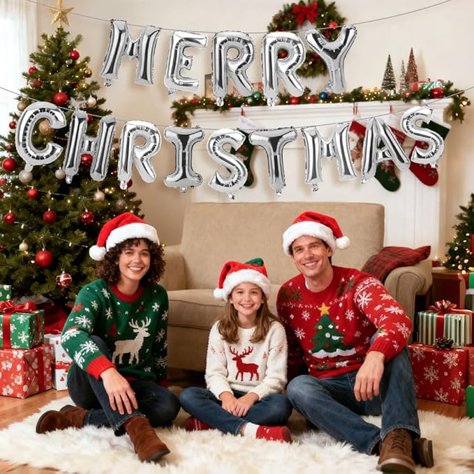 16 Inch Merry Christmas Balloons 14 PCS Silver Balloons Banner Xmas Letter Aluminum Mylar Foil Balloon Kit Decorations Globos Backdrop for Hanging Decor Party Favors Supplies Theme Indoor Outdoor