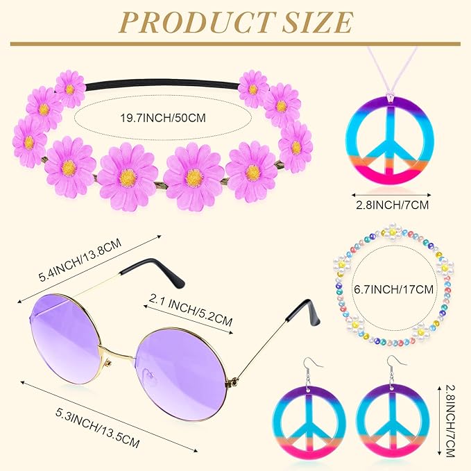 Batiyeer 6 Pcs Hippie Costume Accessories Set, Boho Peace Sign Daisy Flower 60s 70s Party Favors Decor for Groovy Party Women(Purple)