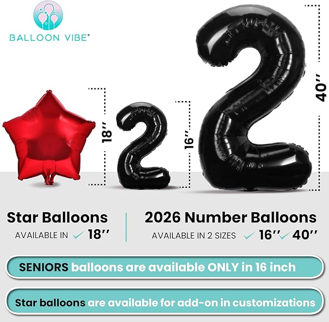 BALLOON VIBE Seniors 2026 Balloons - High School College Seniors Decorations Balloons - 2026 Banner for Graduation Party Decor Foil Letters with Ribbon, Straws & Adhesive Dots