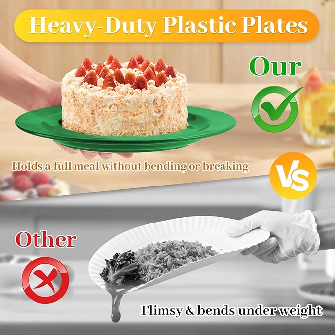 MENDENG 50PCS Green Plastic Plates for Party, 25x10.25 Dinner Plates & 25x7.5 Dessert Plates, Heavy Duty Disposable Plastic Plates for Party Birthday Christmas