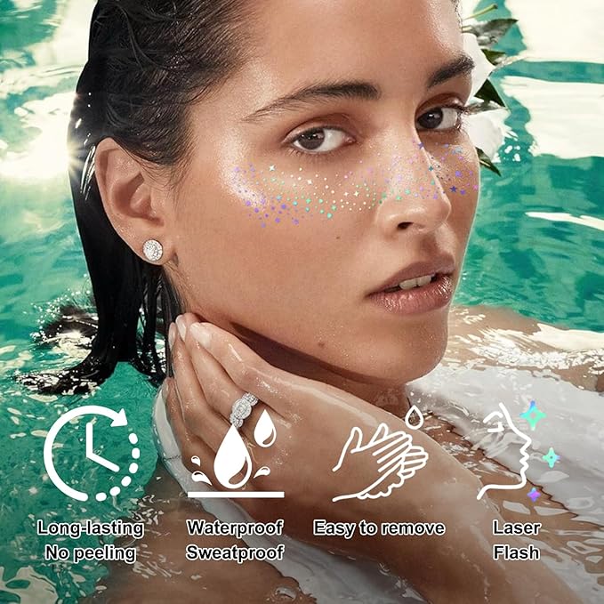 10 pcs Holographic Multichrome Glitter Freckles Face Tattoo, Waterproof Sparkle Face Glitter Speckles Patches for Women, Glitter Temporary Tattoo for Rave (10PCSA Holographic Multicolor)