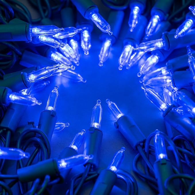 YULETIME 200 Blue Christmas Lights, Pack of 2 Sets 33 Feet 100 Count UL Certified Incandescent-Like LED Mini String Lights (Blue - Green Wire)