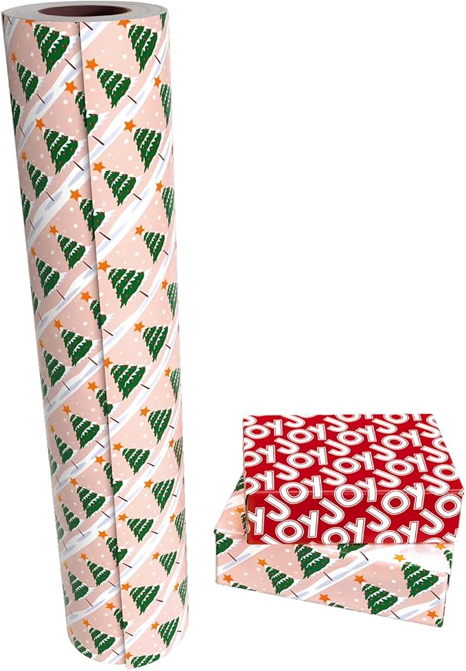 WRAPAHOLIC 30 Inch Jumbo Reversible Christmas Wrapping Paper - 30 Inch x 100 Feet Jumbo Roll Christmas Tree Wrapping Paper with Joy Lettering Perfect for Holiday, Party, Celebration