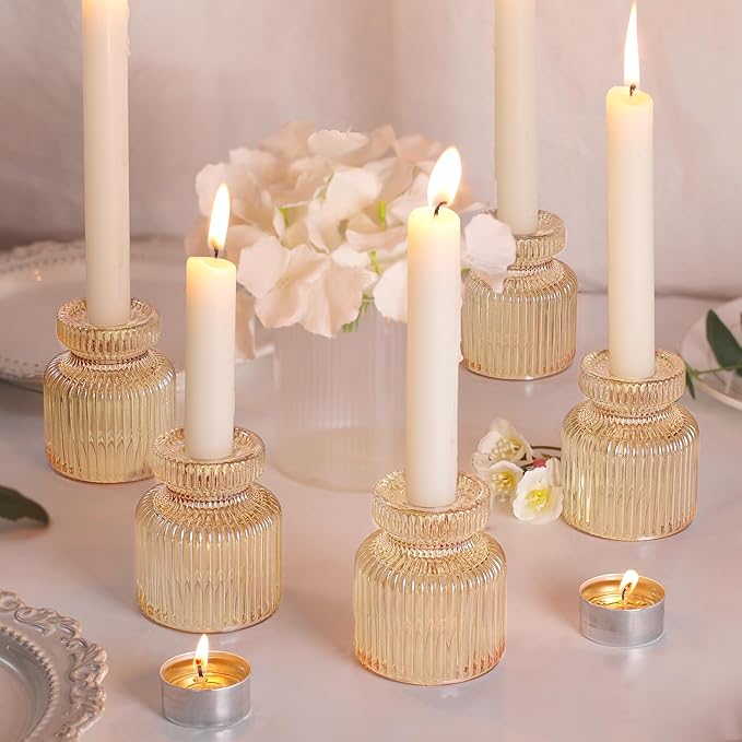 DARJEN 12 Pcs Glass Candlestick Holders- Gold Taper Candlestick Holders Tealight Votive Candle Holders for Table Centerpieces, Wedding, Dinner Party, Home Decor