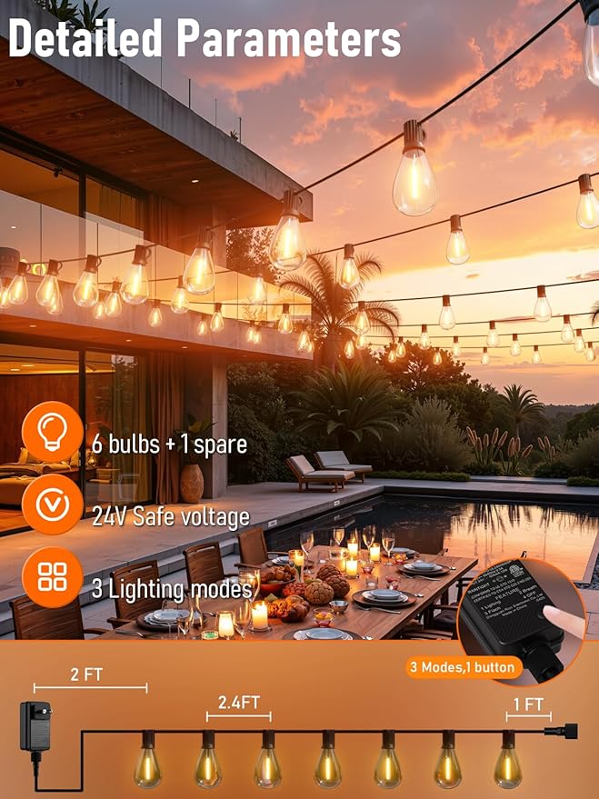 luckystyle 15FT LED Outdoor String Lights with Remote, 6+ 1 Shatterproof Bulbs Waterproof and Dimmable Patio Lights for Porch, Garden, Backyard, Deck, Balcony, 2200K Hanging Lighting