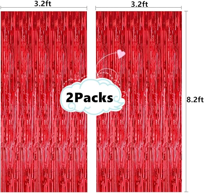 2 Pcs 3.2ft x 8.2ft Shiny Red Metallic Tinsel Foil Fringe Curtains Photo Booth Backdrop for Birthday Wedding Holiday Celebration Bachelorette Party Decorations