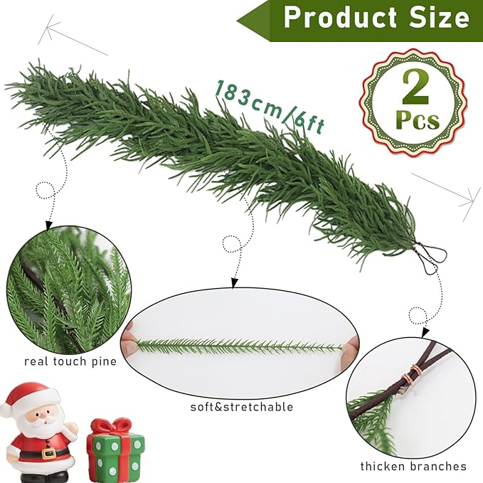 2pcs Christmas Norfolk Pine Garland, Real Touch Artificial Greenery Garland for Holiday Mantle Table Wall Fireplace Windows Indoor Outdoor Home Decorations(2, 6FT)