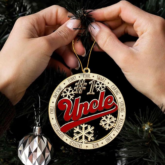 #1 Uncle Wooden Christmas Ornament – Best Uncle Holiday Tree Hanging Decoration, Rustic Family Xmas Gift with Snowflakes & Words