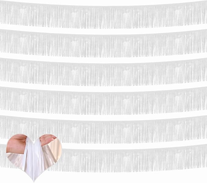 6 Pack 10 Feet Foil Fringe Garland Metallic Tinsel Banner Wall Hanging Curtain Streamers Backdrop for Parade Floats Bachelorette Wedding Birthday Party Thanksgiving Christmas Decorations(White)