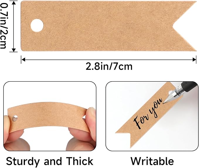 G2PLUS 100PCS Mini Kraft Paper Gift Tags with String, 2.8 x 0.8 in Blank Paper Present Tags, Brown Hang Tags with Jute Twine for DIY Arts & Crafts, Businesses, Wedding, Christmas Party Favors