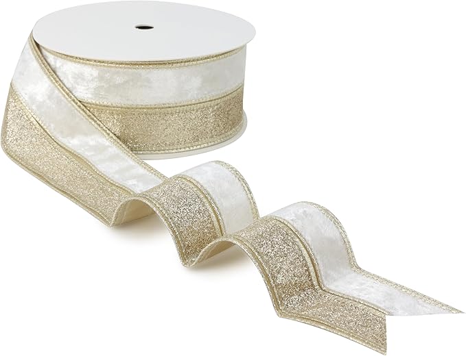 Ivory Velvet Wired Christmas Ribbon 2.5 Inch Ivory and Gold Glitter Holiday Ribbon – 10-Yards Roll for Tree Decorations, Gift Wrapping, Wreaths, and DIY Crafts