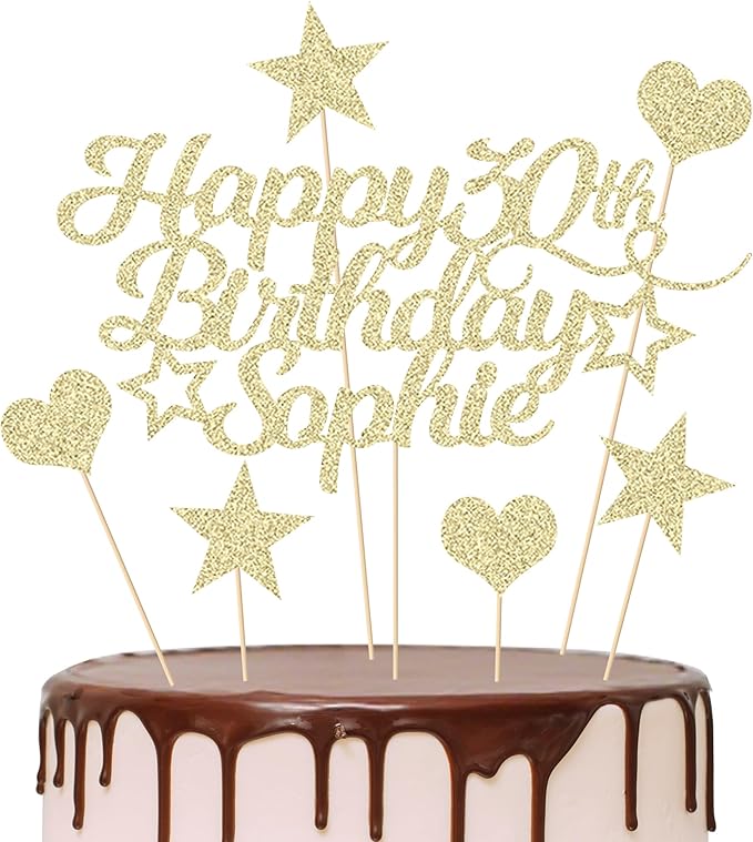 Personalized Happy Birthday Cake Topper Customized with Any Age Name Party Cake Decoration 16 18 21 40 60 Double Sided Glitter Card Champagne Gold
