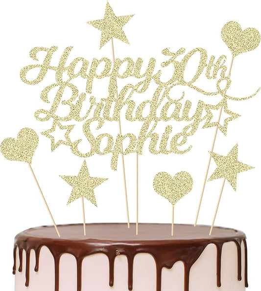 Personalized Happy Birthday Cake Topper Customized with Any Age Name Party Cake Decoration 16 18 21 40 60 Double Sided Glitter Card Champagne Gold